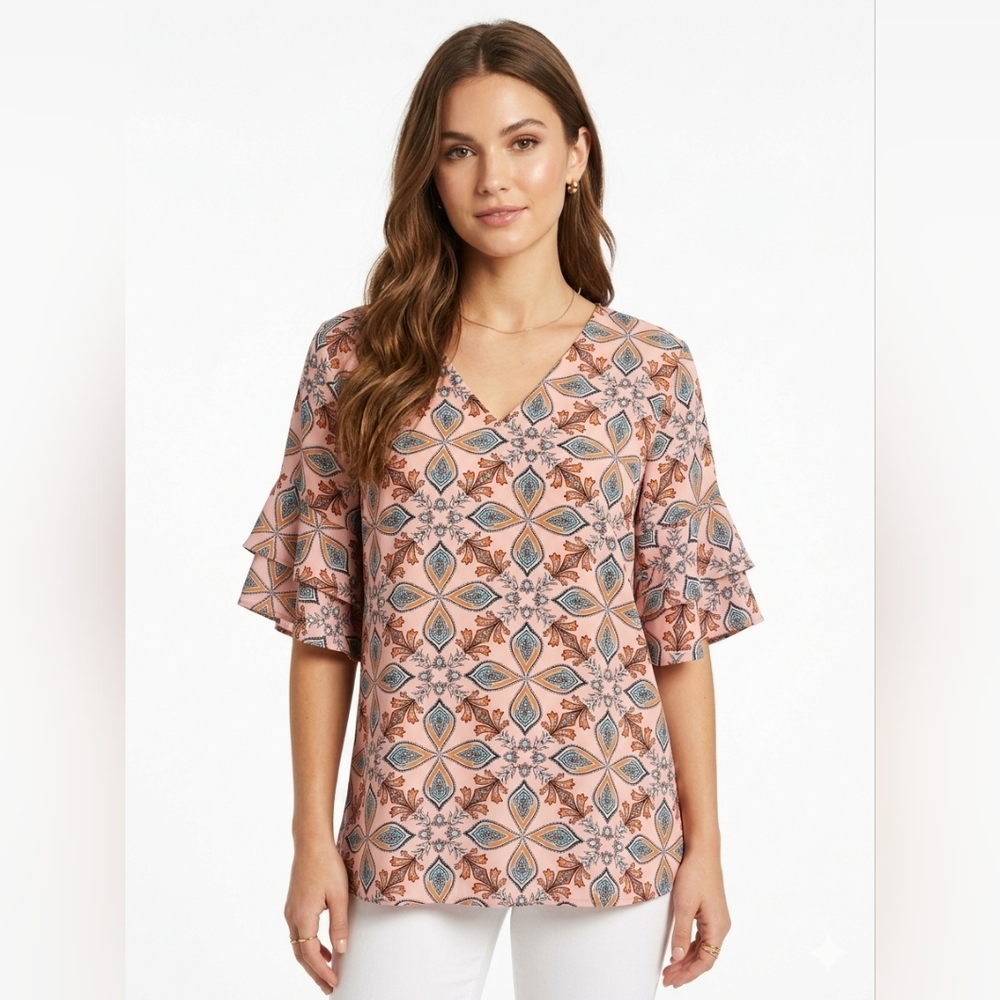 LOFT Geometric Floral V-Neck Ruffle Sleeve Top Size XS